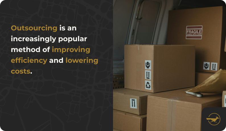 Image: A stack of boxes in a cargo van. Text: Outsourcing is an increasingly popular method of improving efficiency and lowering costs.