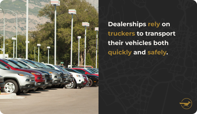 Image: a row of jeeps at a car dealership. There's lots of street lights, and the lot sits in front of a mountain. Text: Dealerships rely on truckers to transport their vehicles both quickly and safely. 