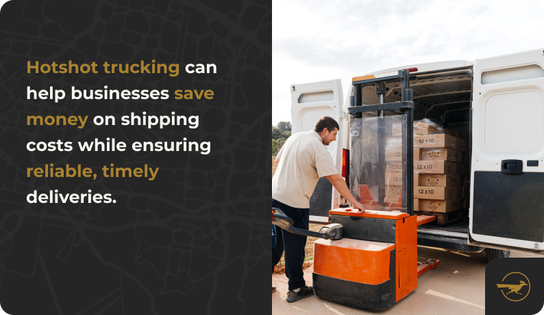 Image: a delivery driver loading a cargo van with a pallet using a large pallet jack. Text: Hotshot trucking can help businesses save money on shipping costs while ensuring reliable, timely deliveries.