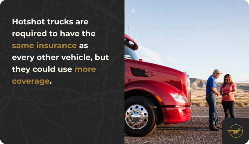 Image: Two people standing on the shoulder of a highway in front of a pickup truck, looking at a tablet. Text: Hotshot trucks are required to have the same insurance as very other vehicle, but they could use more coverage.
