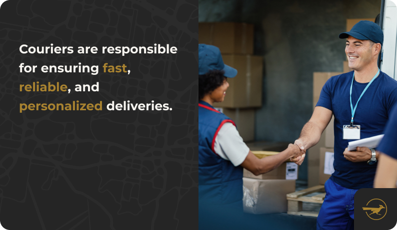 Image: A courier shaking hands with an employee of the business they just delivered to, standing in front of a half-loaded box truck. Text: Couriers are responsible for ensuring fast, reliable, and personalized deliveries.