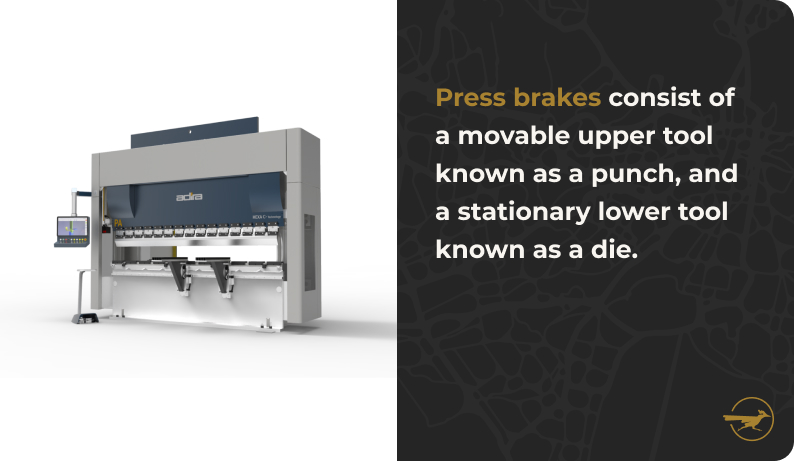 Image: A press brake on a blank white background. Text: Press brakes consist of a movable upper tool known as a punch, and a stationary lower tool known as a die.