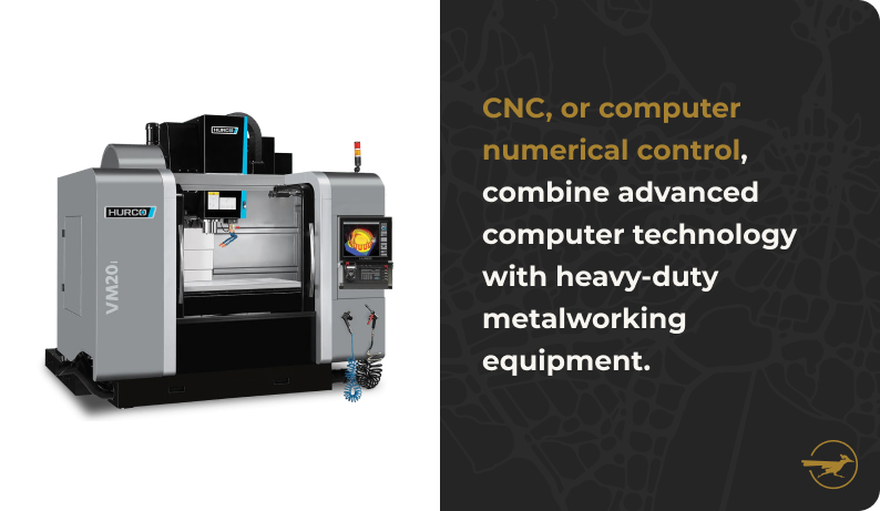 Image: A Large CNC on a blank white background. Text: CNC, or computer numerical control, combine advanced computer technology with heavy-duty metalworking equipment.