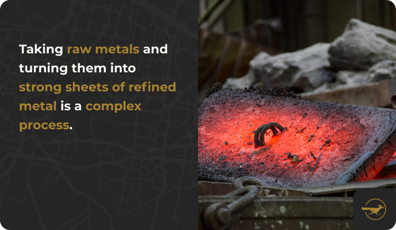 Image: Metal being ultra-heated into sheet metal. Text: Taking raw metals and turning them into strong sheets of refined metal is a complex process 
