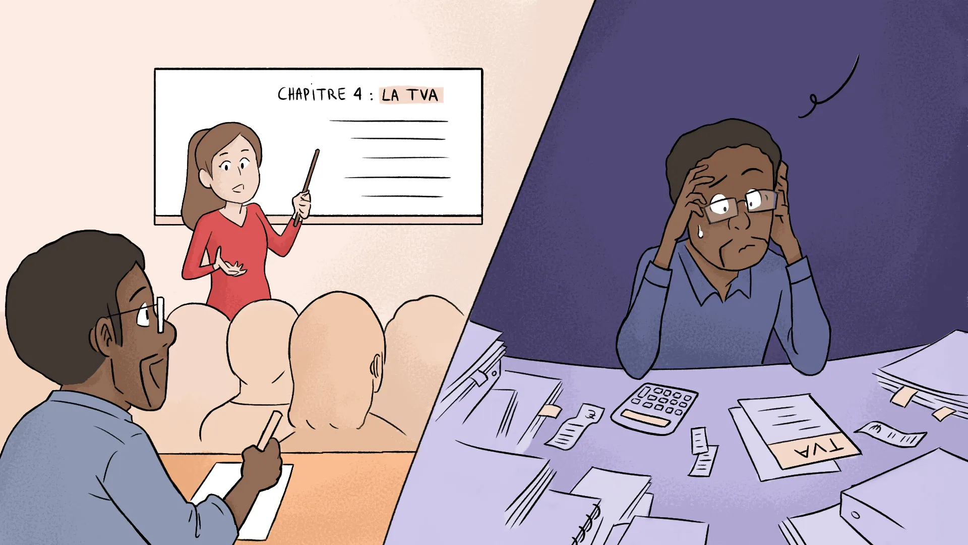 A gauche : un homme attentif en formation. A droite : le même n'arrivant pas à appliquer en situation ce qu'il a appris