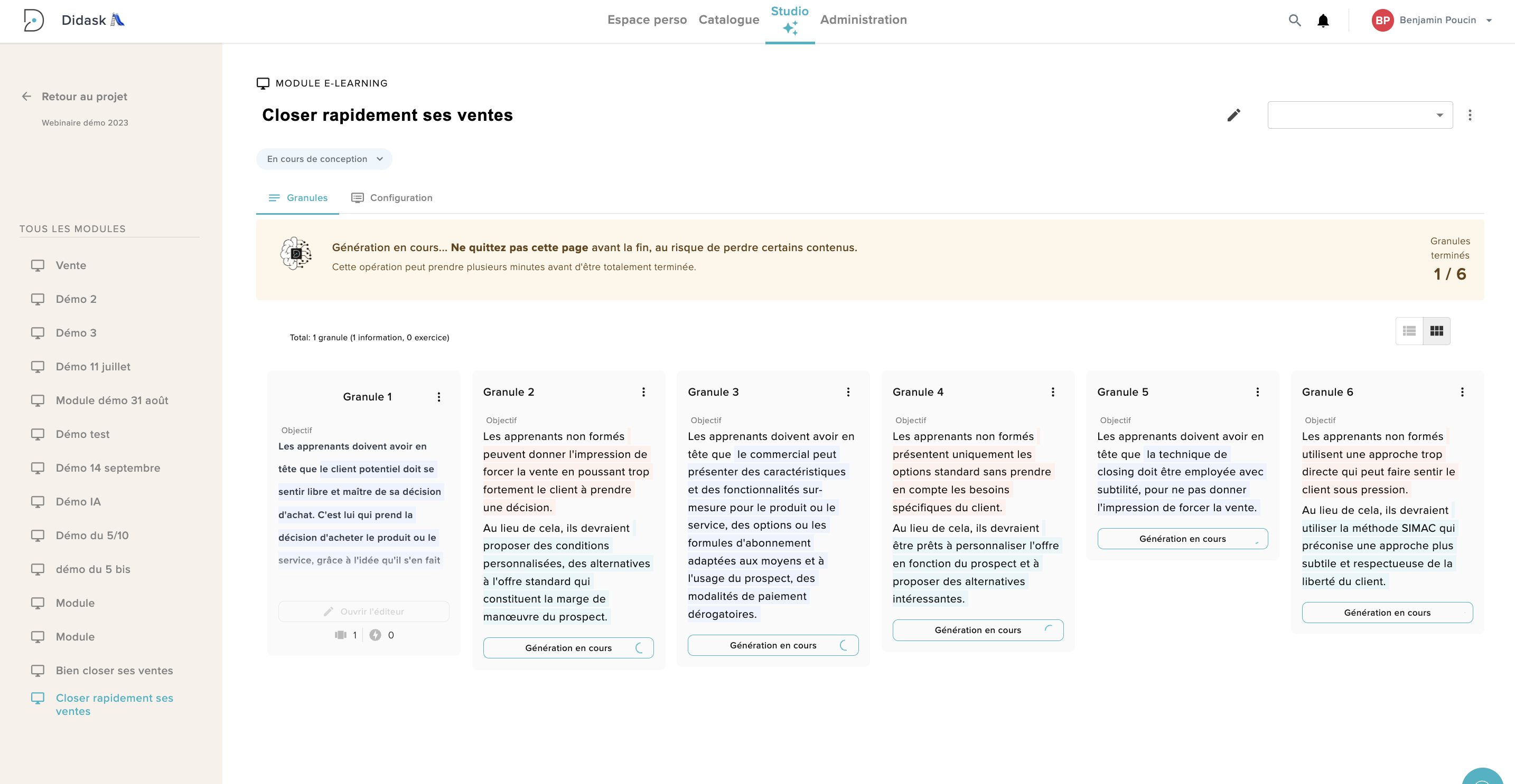 Granularisation d'un module effectuée par l'IA Pédagogique Didask