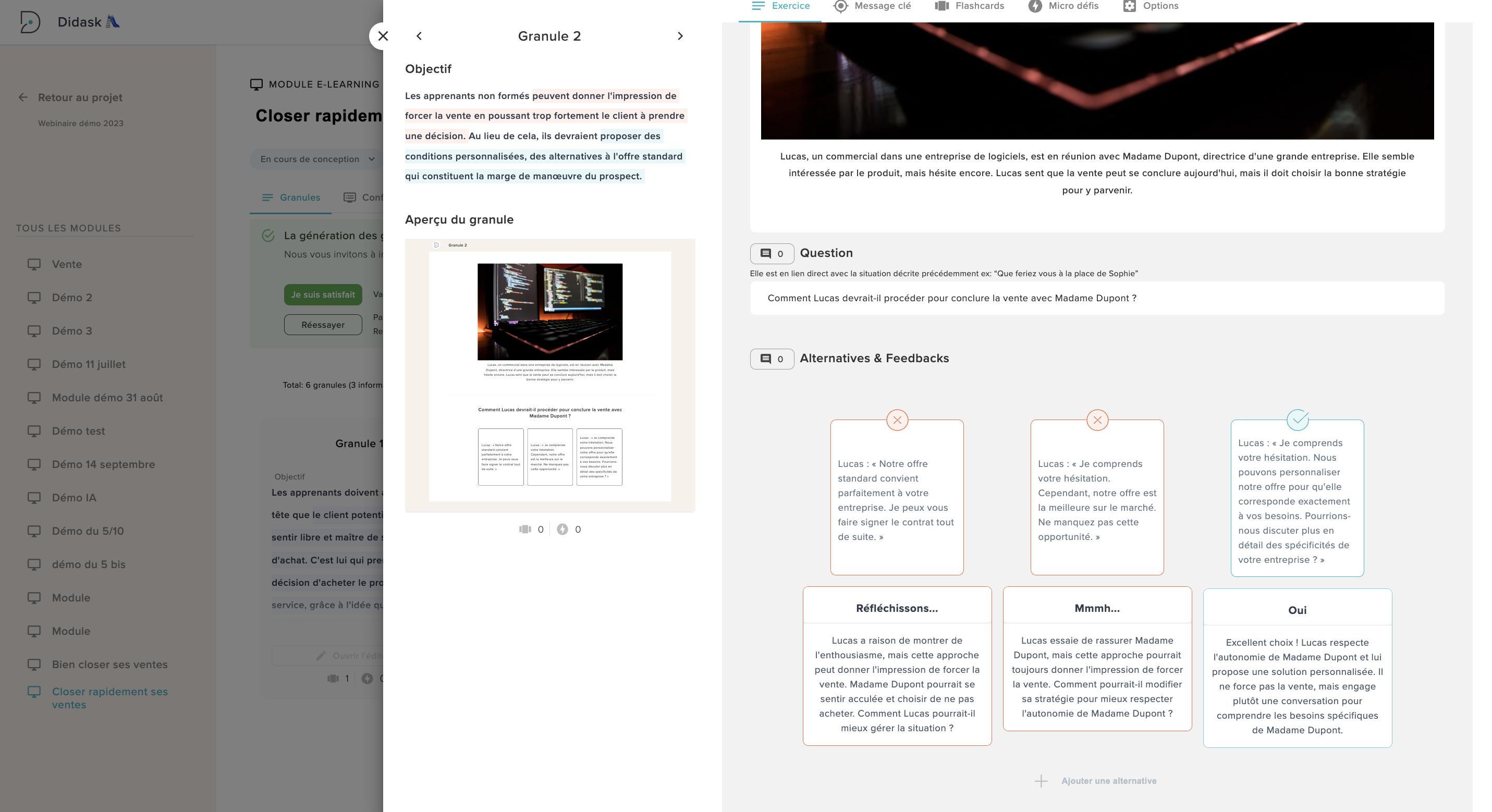 Editeur d'une granule Didask avec l'IA Pédagogique