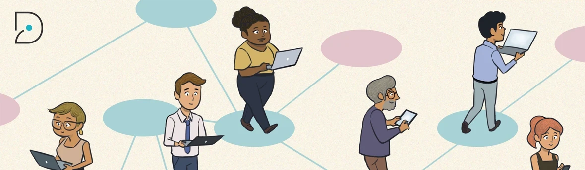 Learners walking by learning in front of their computers by different subjects thanks to adaptive learning