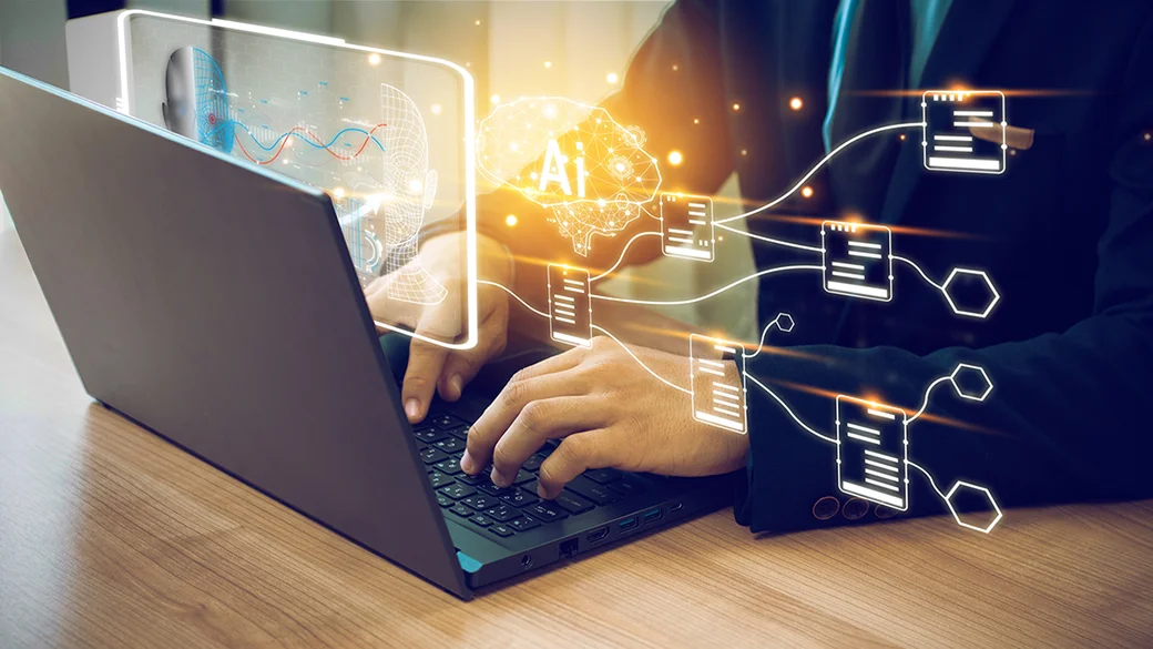 Visuel d'une personne devant son ordinateur gérant une IA