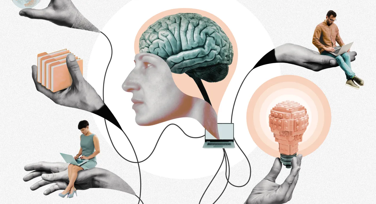 Visuel avec un robot au milieu aidant les apprenants à apprendre