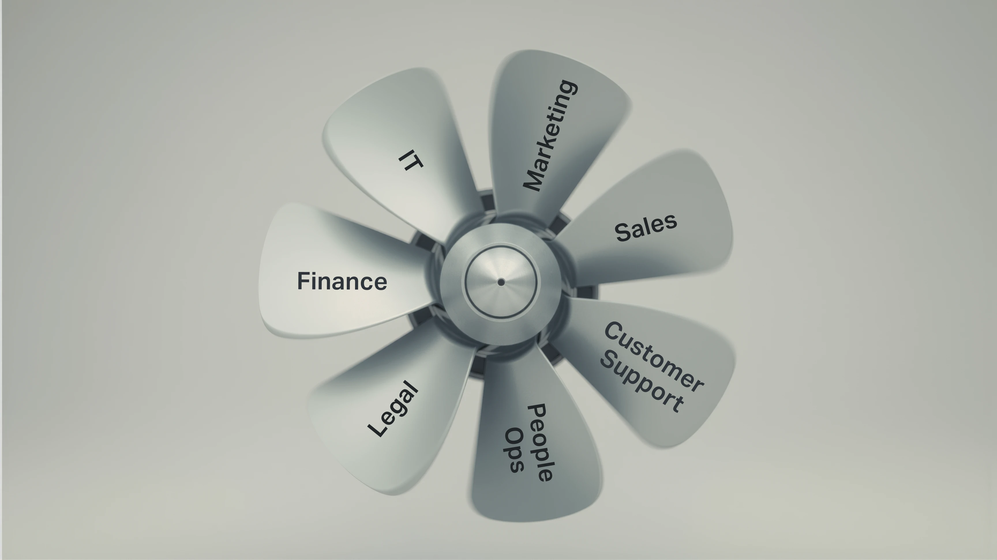 Fan-like diagram with blades labeled IT, Marketing, Sales, Customer Support, People Ops, Legal, and Finance.