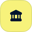 Icon of a dark blue classical bank building with four pillars on a rounded yellow square background.