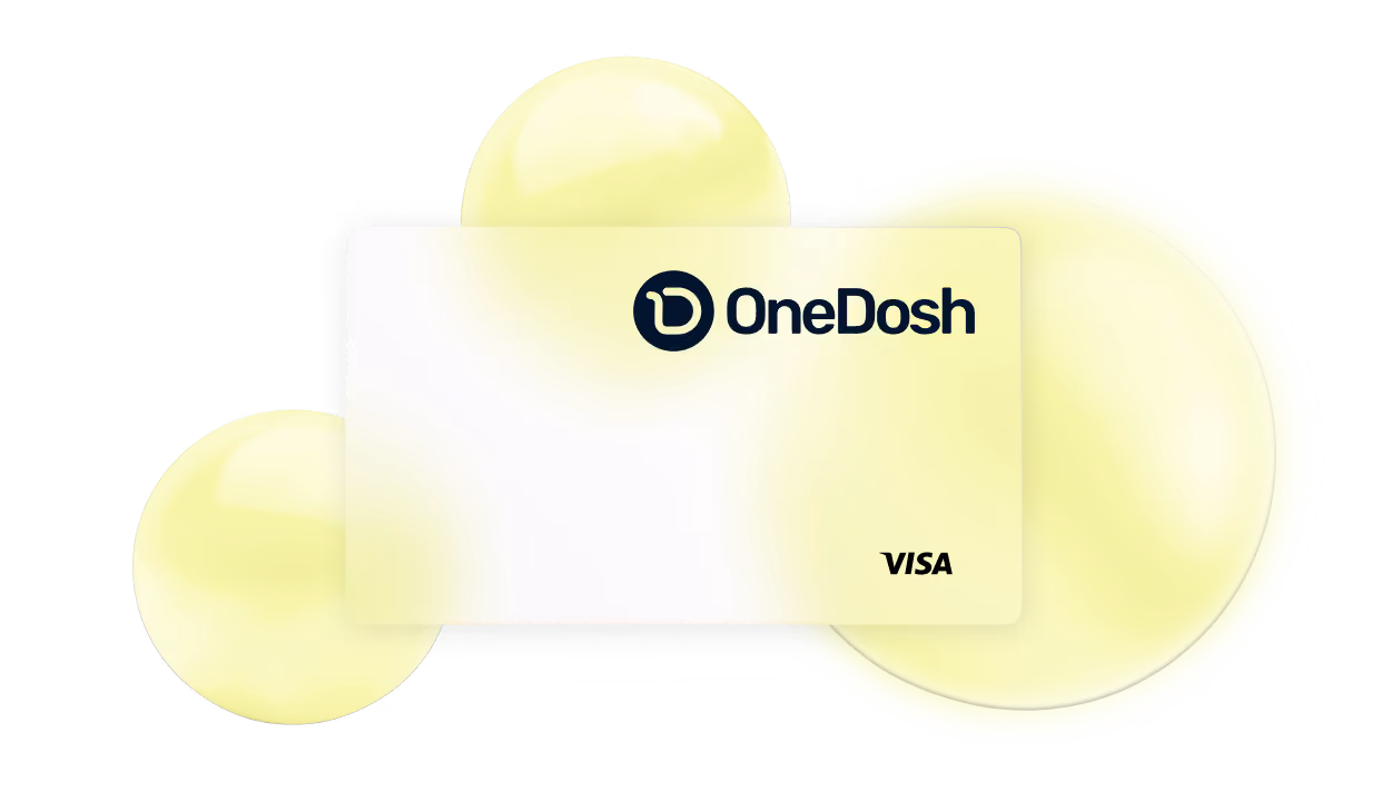 OneDosh branded Visa credit card with a white and light yellow gradient background and three overlapping translucent yellow circles behind it.