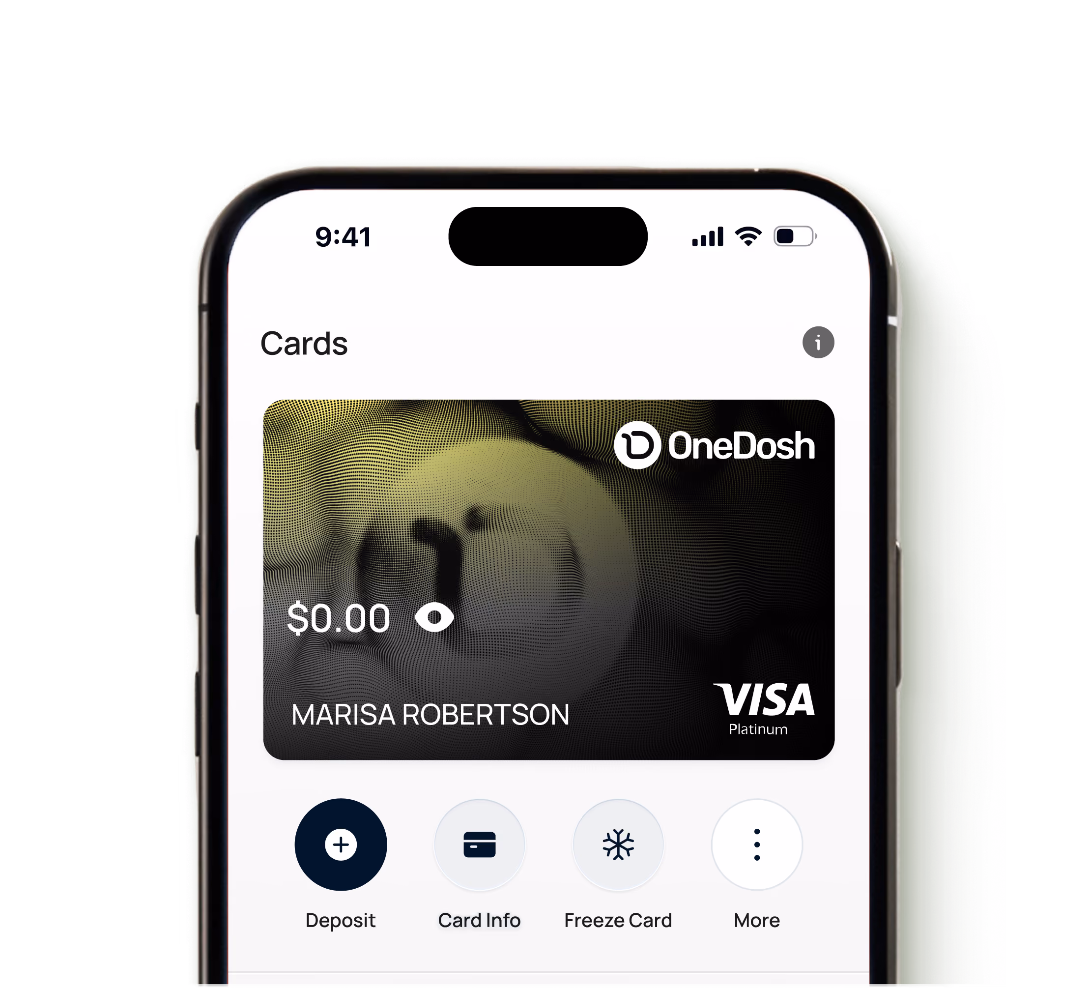 Smartphone screen showing a digital Visa Platinum card from OneDosh with a $0.00 balance and the name Marisa Robertson, with options below for Deposit, Card Info, Freeze Card, and More.