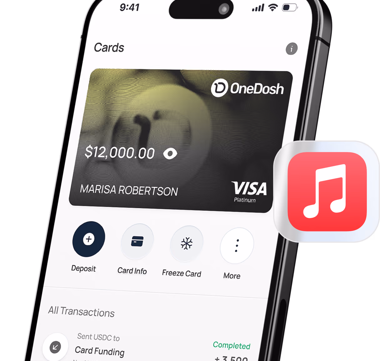 Close-up of a smartphone screen showing a digital wallet app with a OneDosh Visa Platinum card displaying $12,000 balance for Marisa Robertson, and buttons for Deposit, Card Info, Freeze Card, and More below.