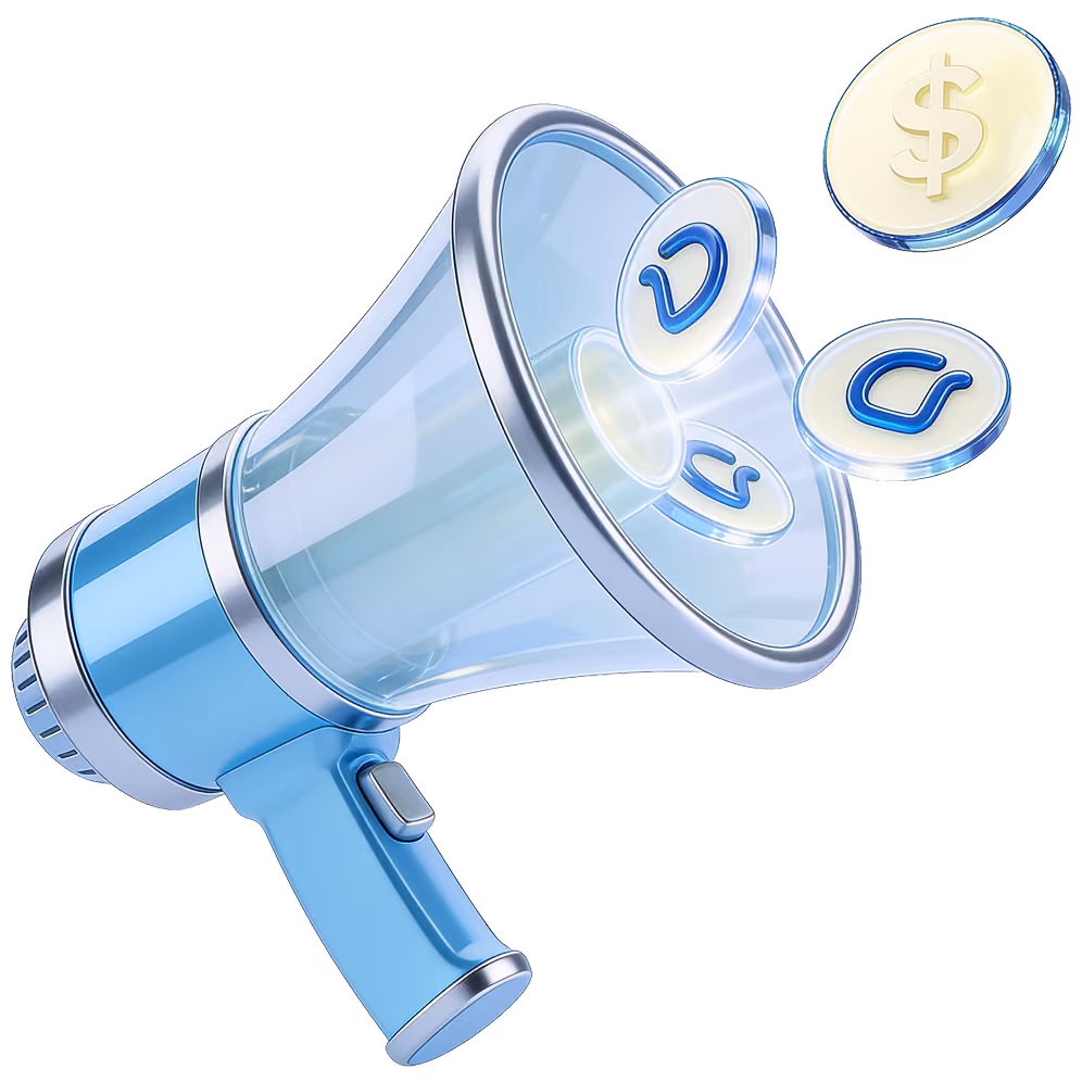 Blue megaphone emitting floating coins with currency symbols, including a dollar sign, representing financial announcements or marketing.