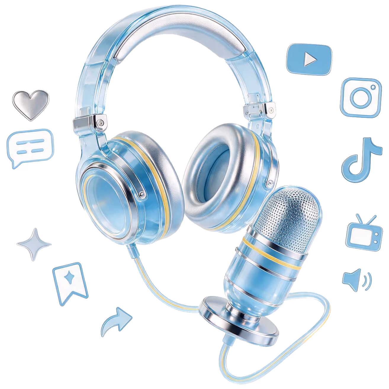 Blue translucent headphones connected to a matching blue microphone surrounded by blue icons including a heart, speech bubble, star, bookmark, arrow, play button, Instagram, TikTok, television, and speaker representing content creation and social media.
