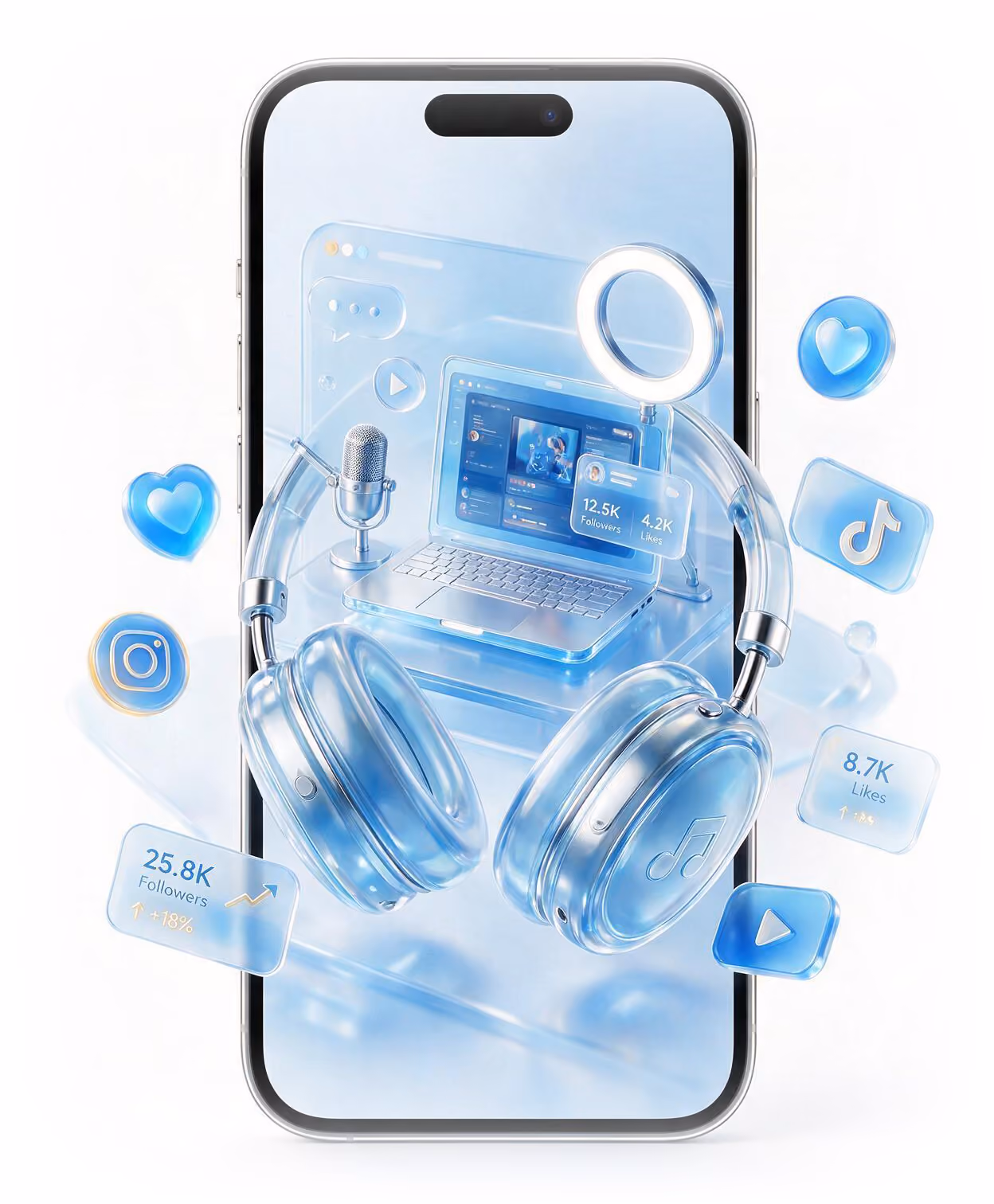 Illustration of a content creator setup with headphones, microphone, ring light and social media icons for the OneDosh Creator Program