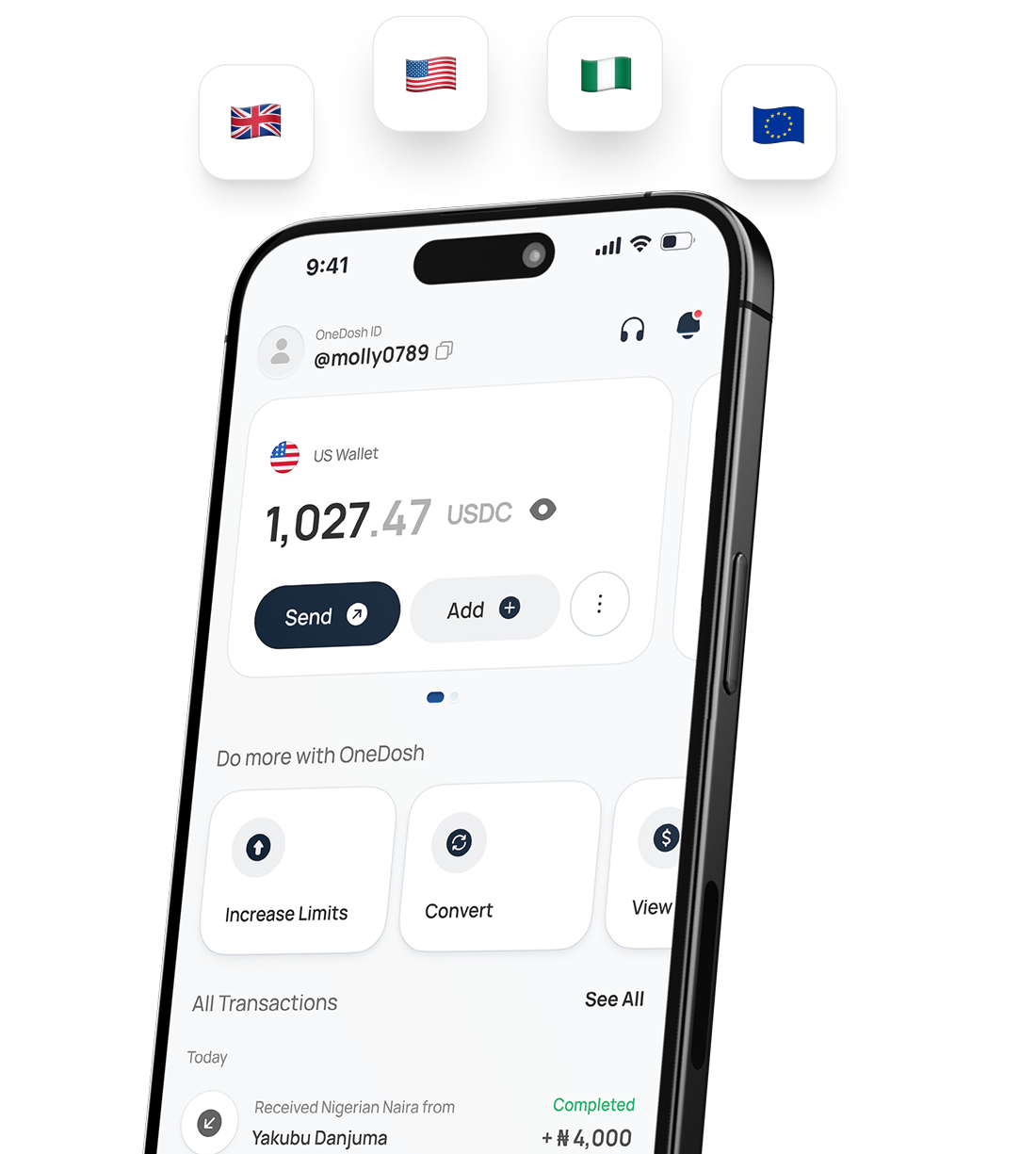 OneDosh app with flags for the United States, the United Kingdom, the European Union and Nigeria