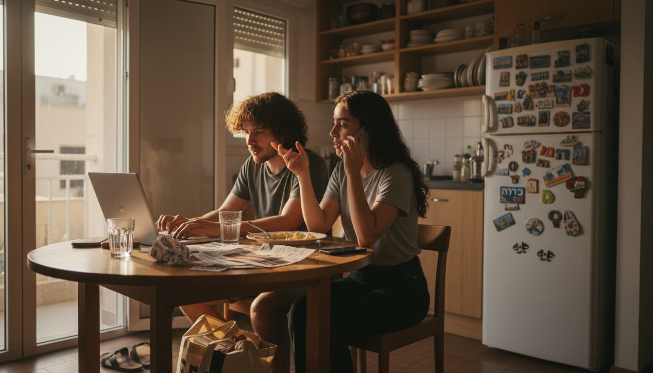 Couple reviewing home listings in apartment