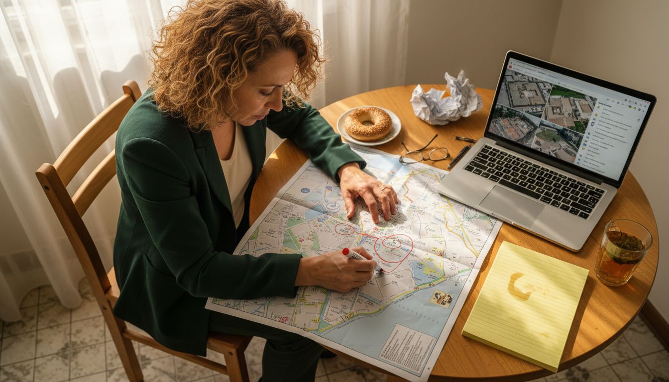 Researching Jerusalem real estate neighborhoods at table