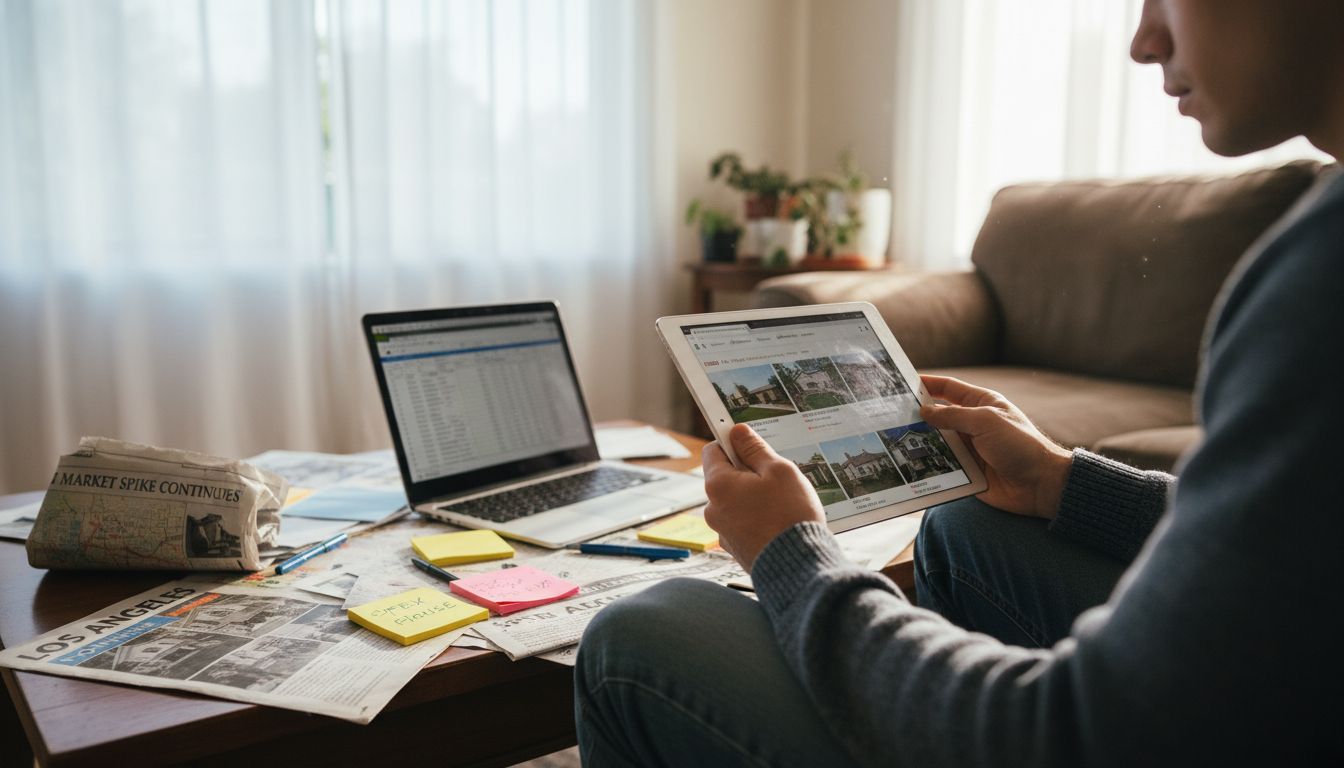 Person comparing real estate listings at home