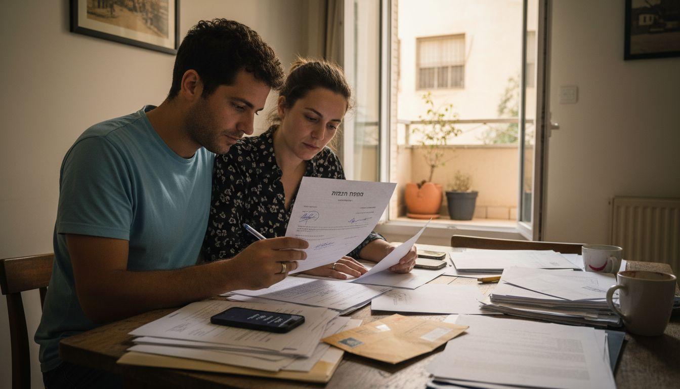 Couple reviewing Israel real estate paperwork