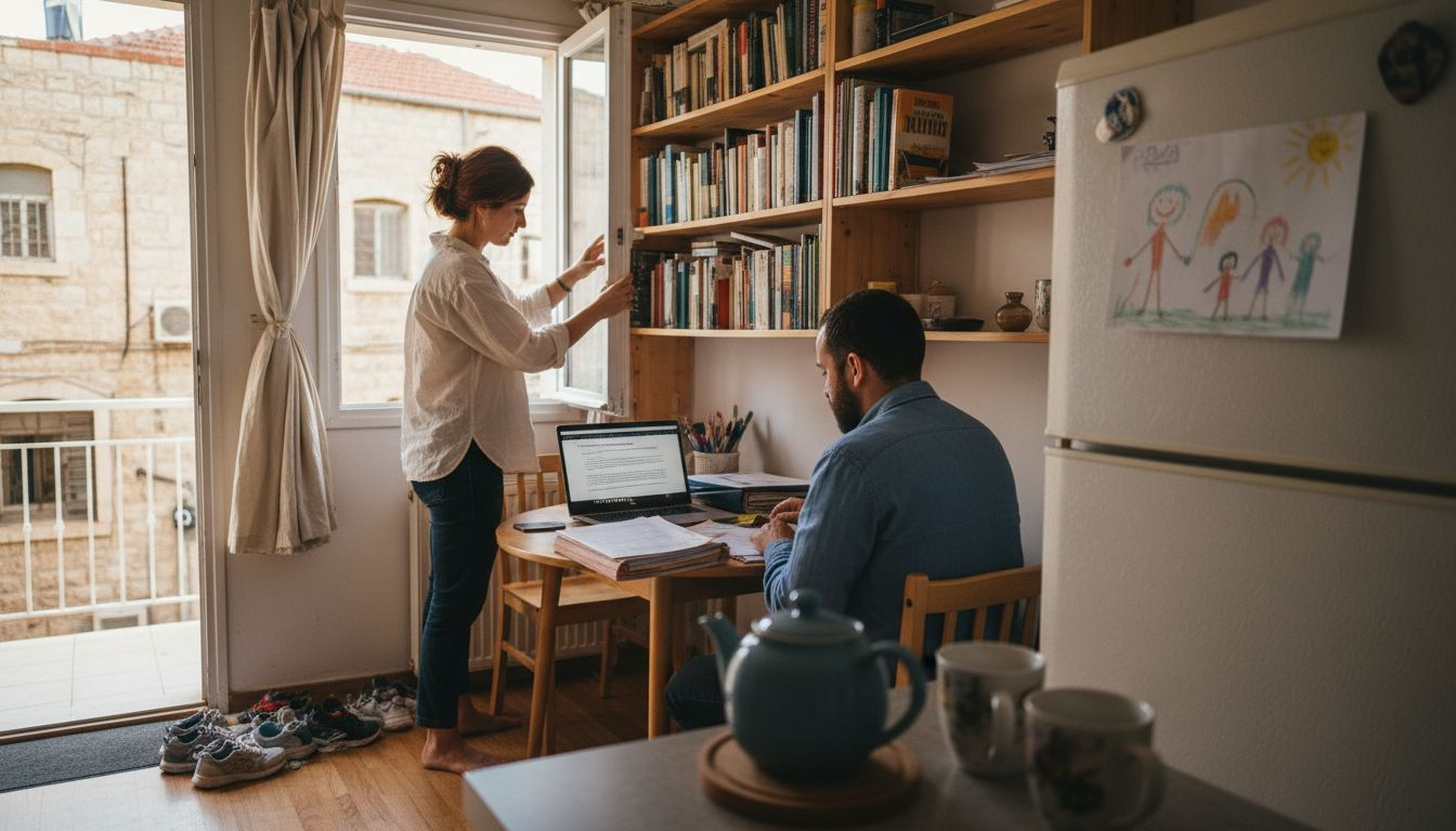 Apartment living room with family organizing