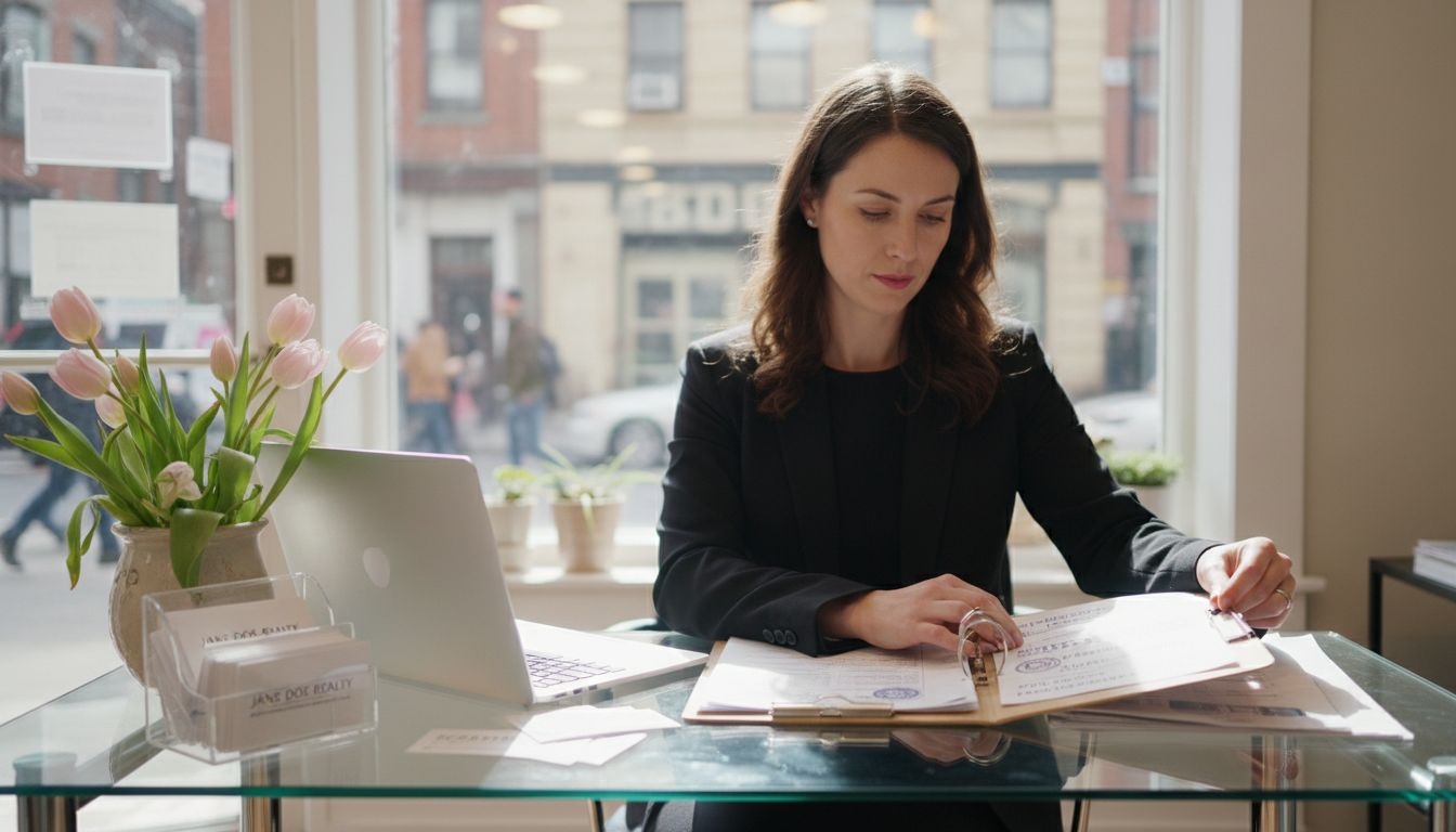 Agent reviewing real estate credentials at desk