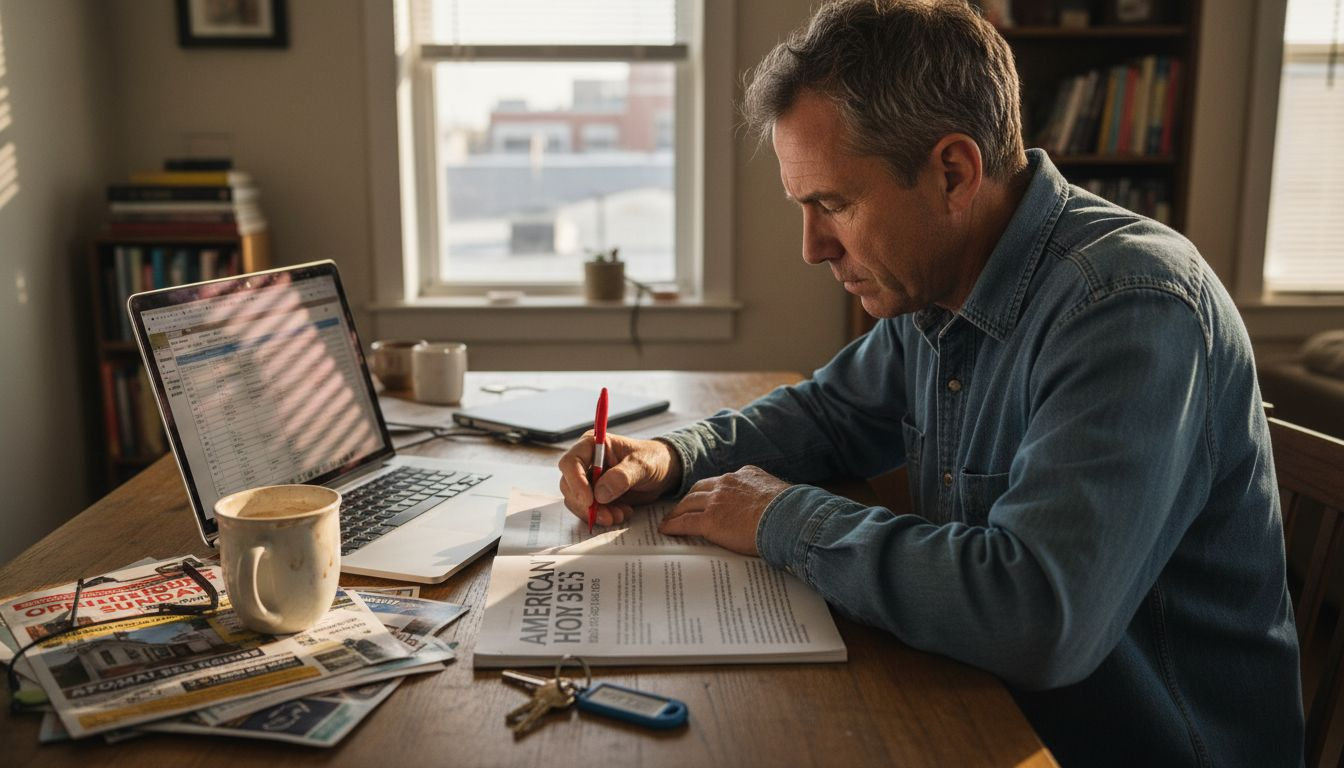 Man analyzing real estate guide at home
