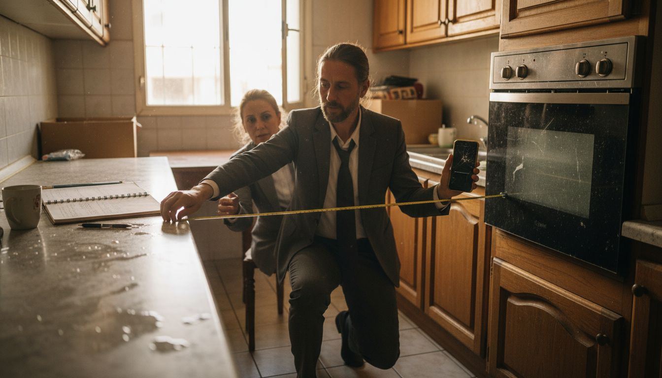 Agent and buyer measuring Beit Shemesh kitchen