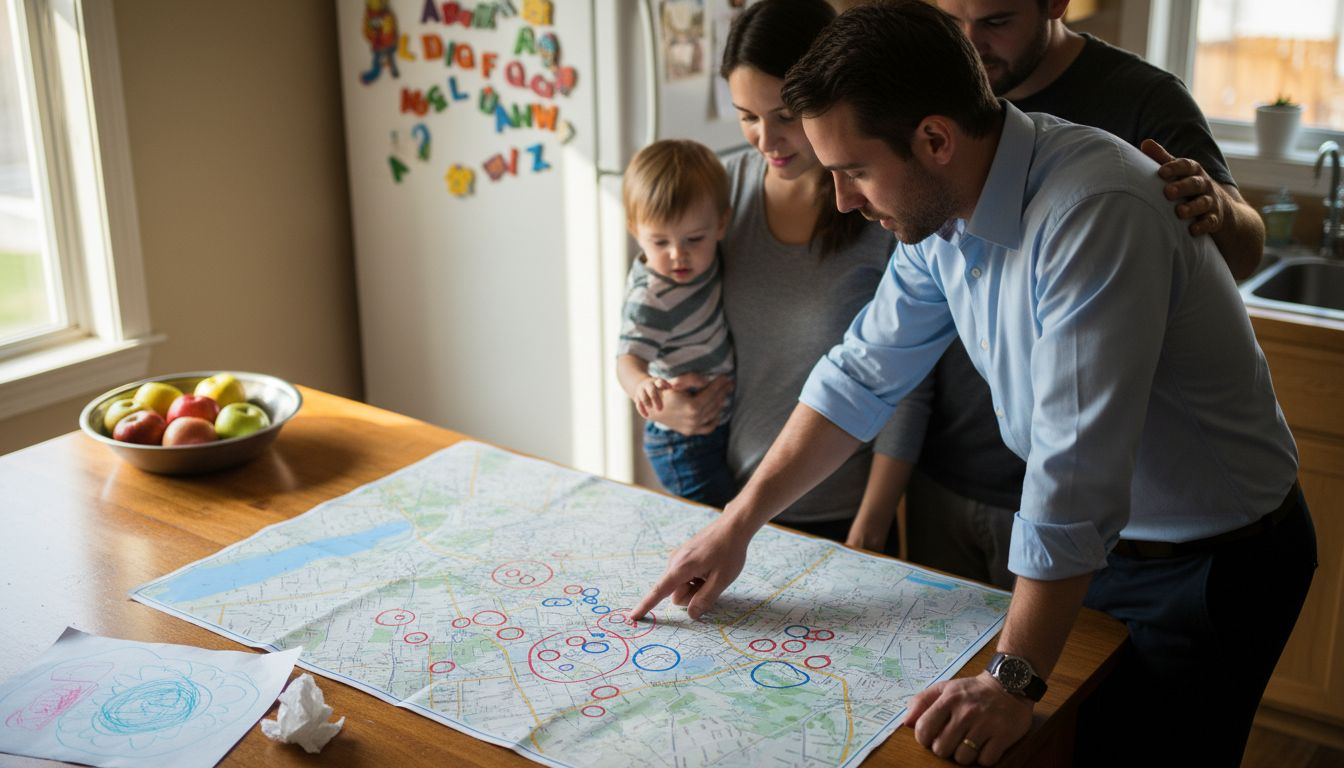 Agent with family reviewing religious neighborhood map