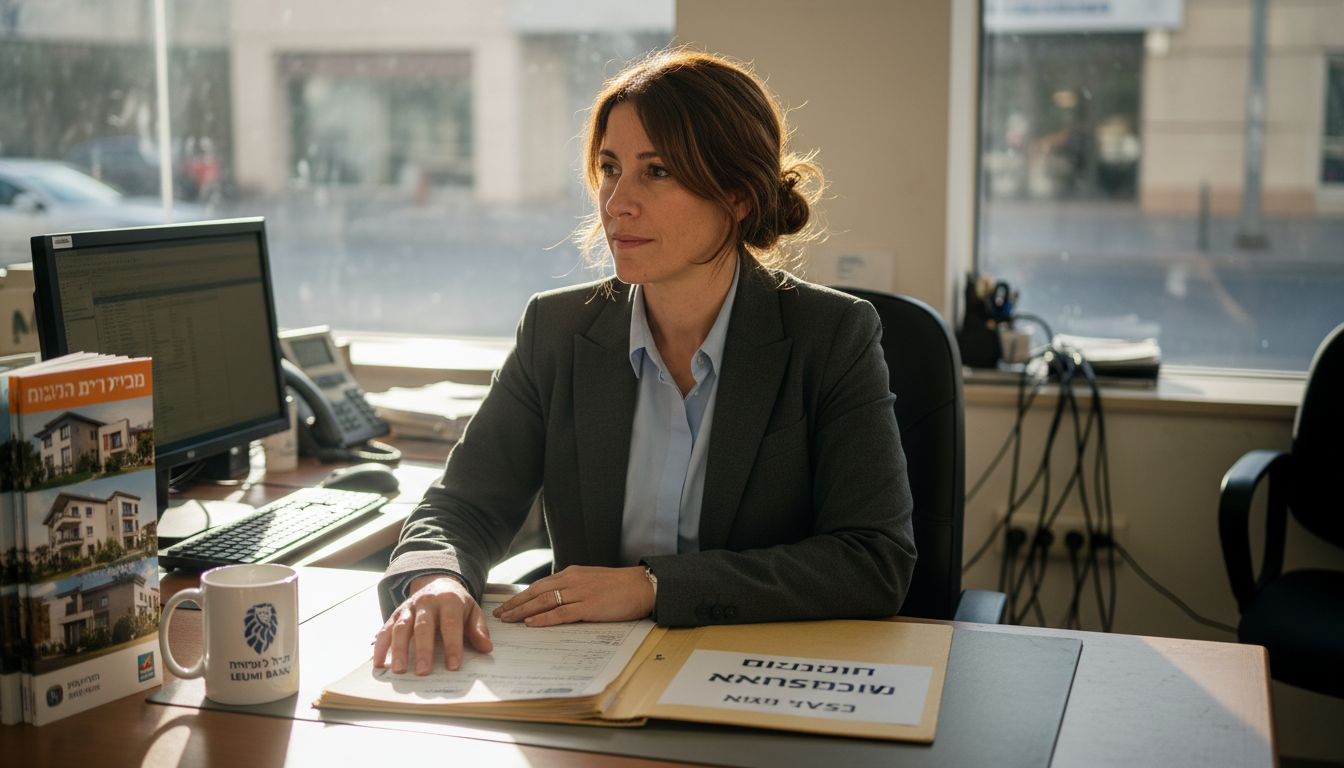 Banker reviews Israeli mortgage documents at desk