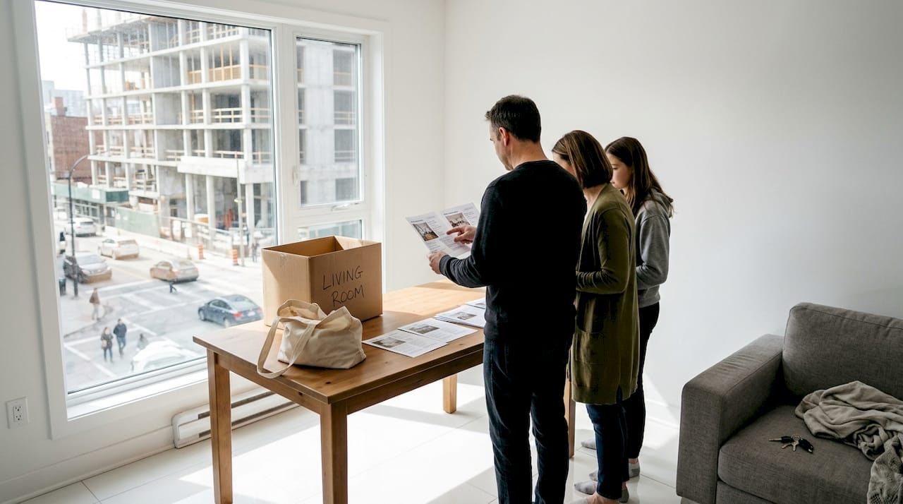 Family discussing apartment in new development