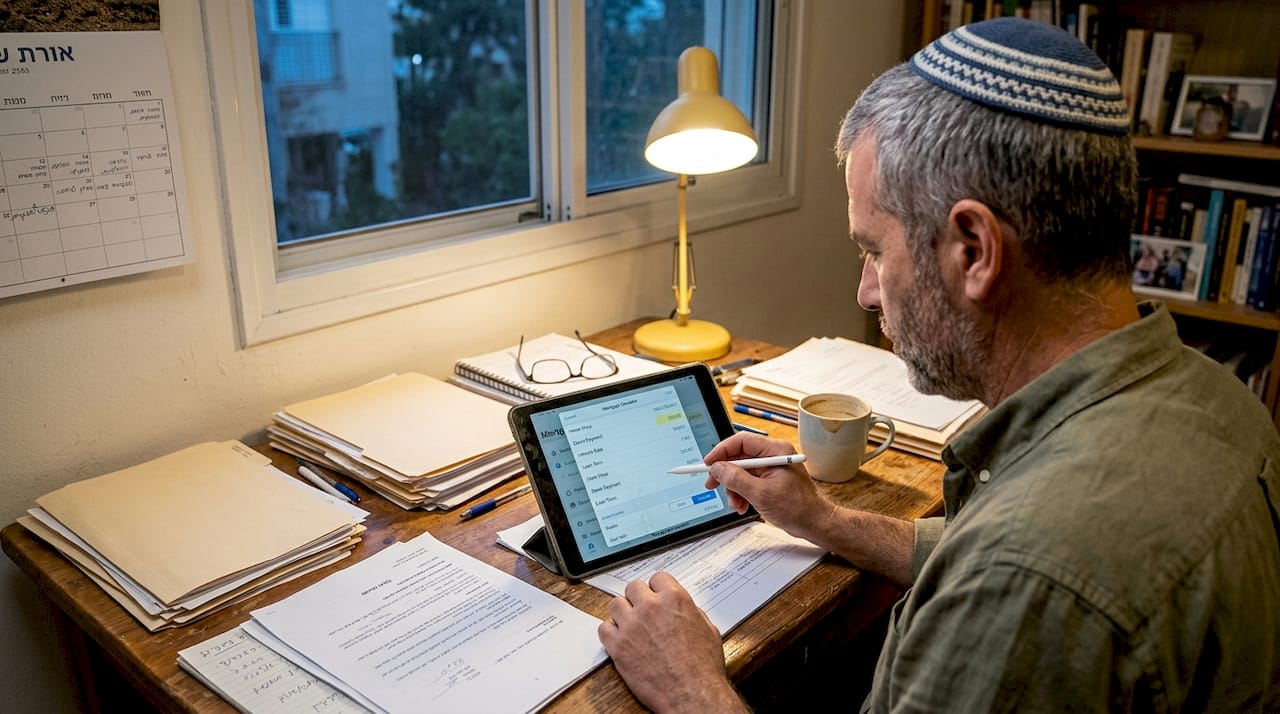 Man budgeting for Israel property purchase with tablet