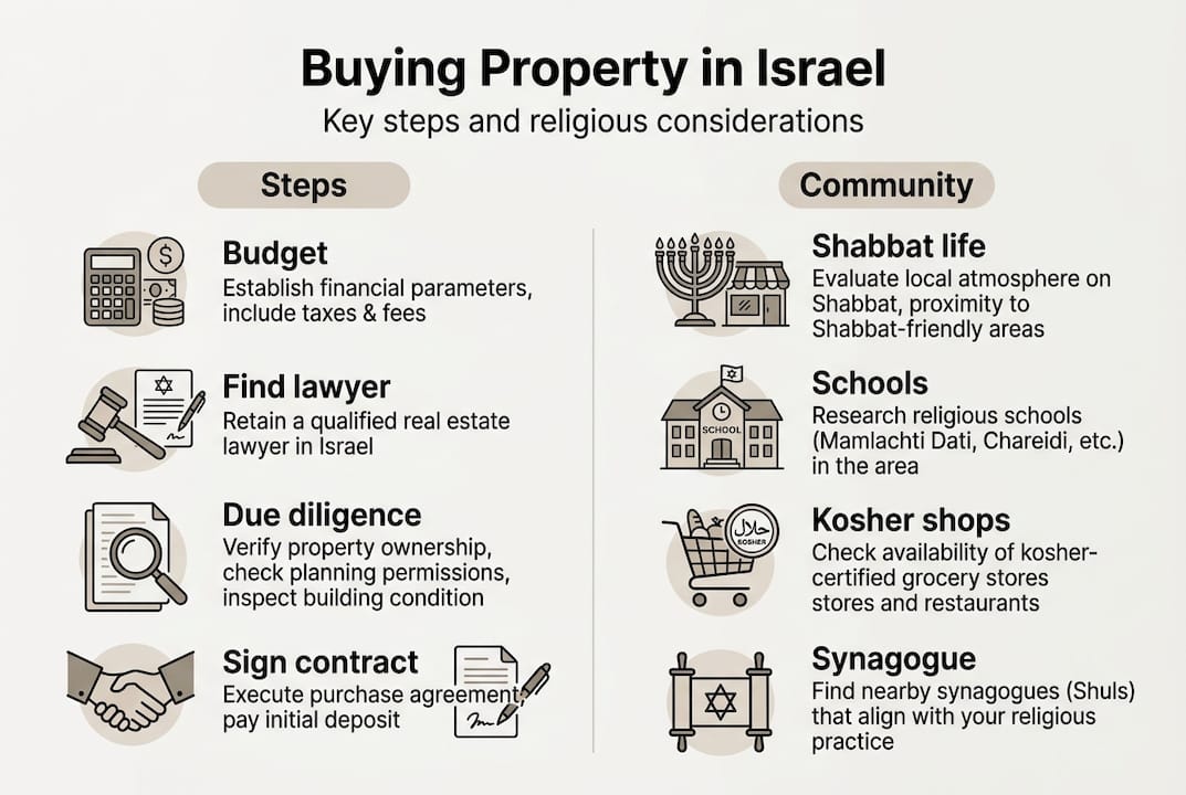 Infographic showing property purchase steps and community points