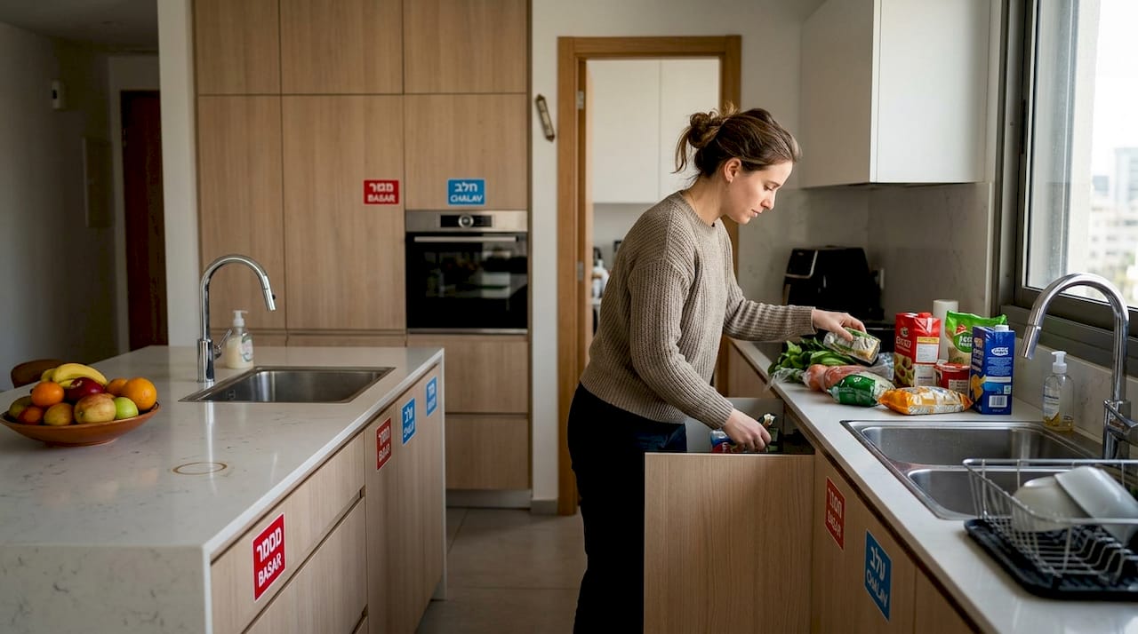 Woman arranging groceries in kosher kitchen