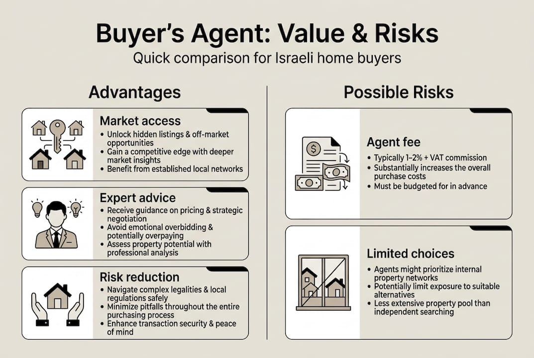 Infographic showing buyer's agent advantages and risks