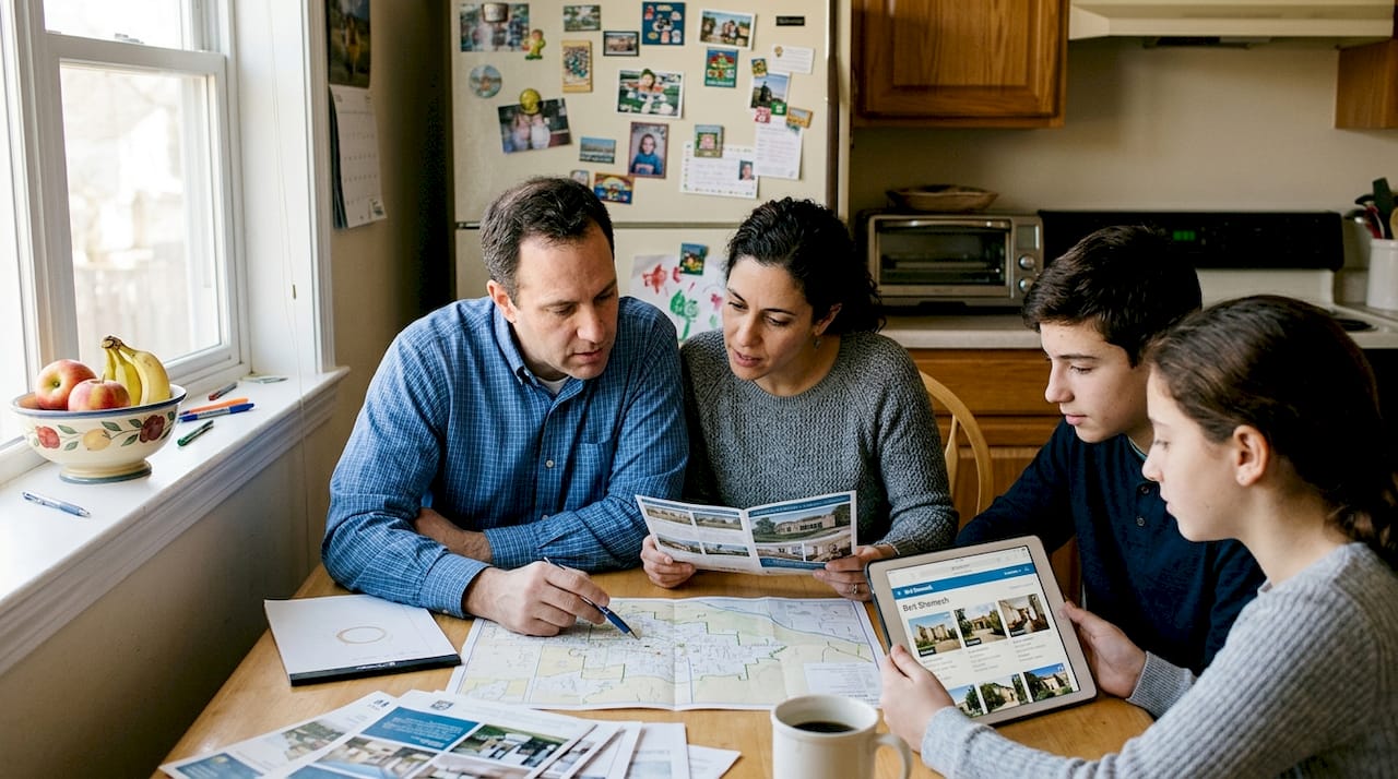 Family reviewing Israel neighborhood brochures