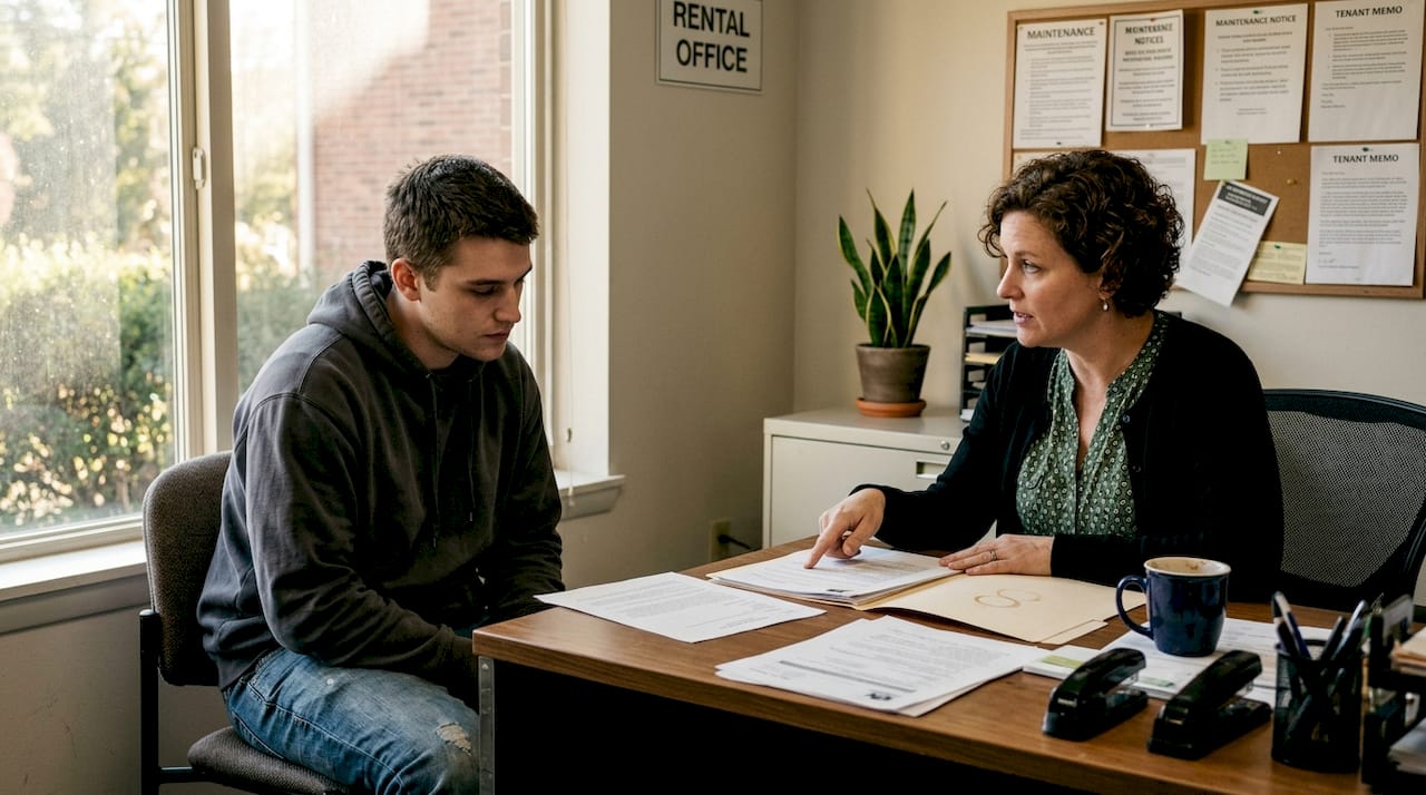 Tenant and property manager discussing compliance