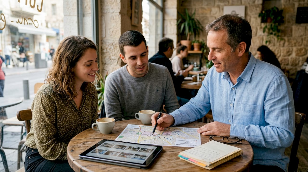 Agent discusses Israeli neighborhoods with clients
