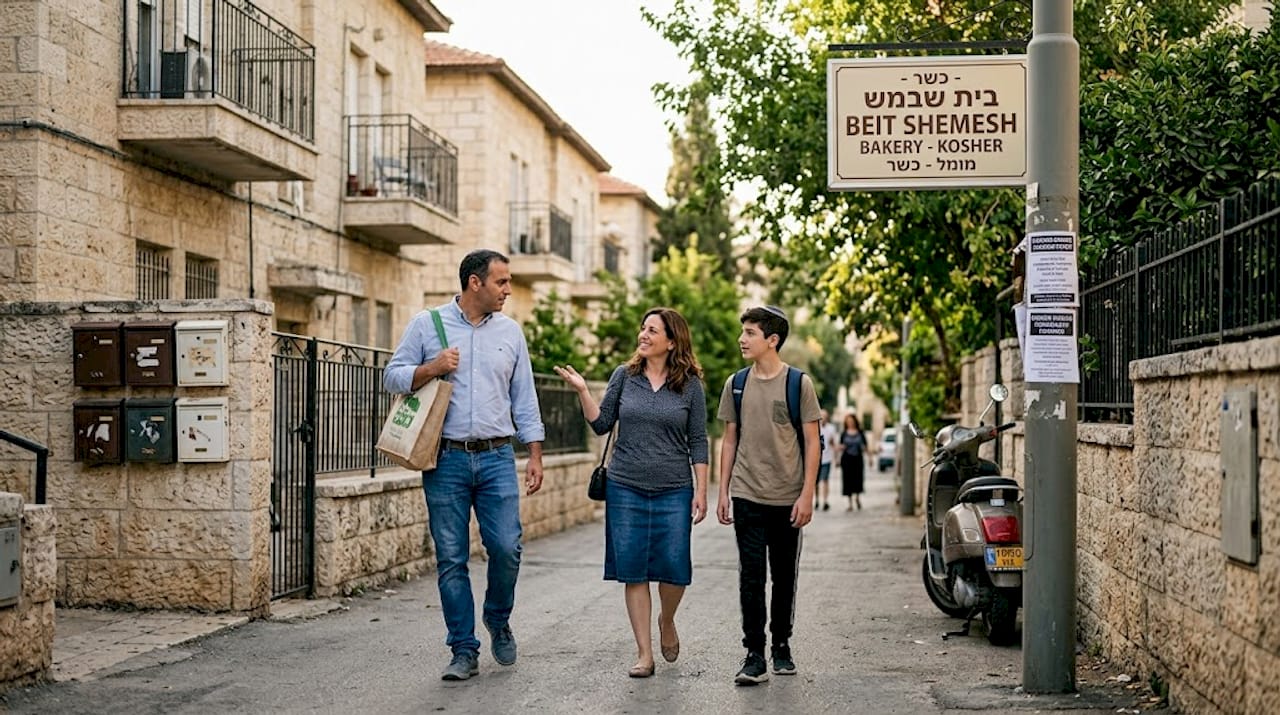 Family walking in Israeli neighborhood street