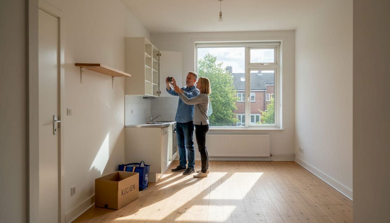 Couple inspecting apartment kitchen during tour