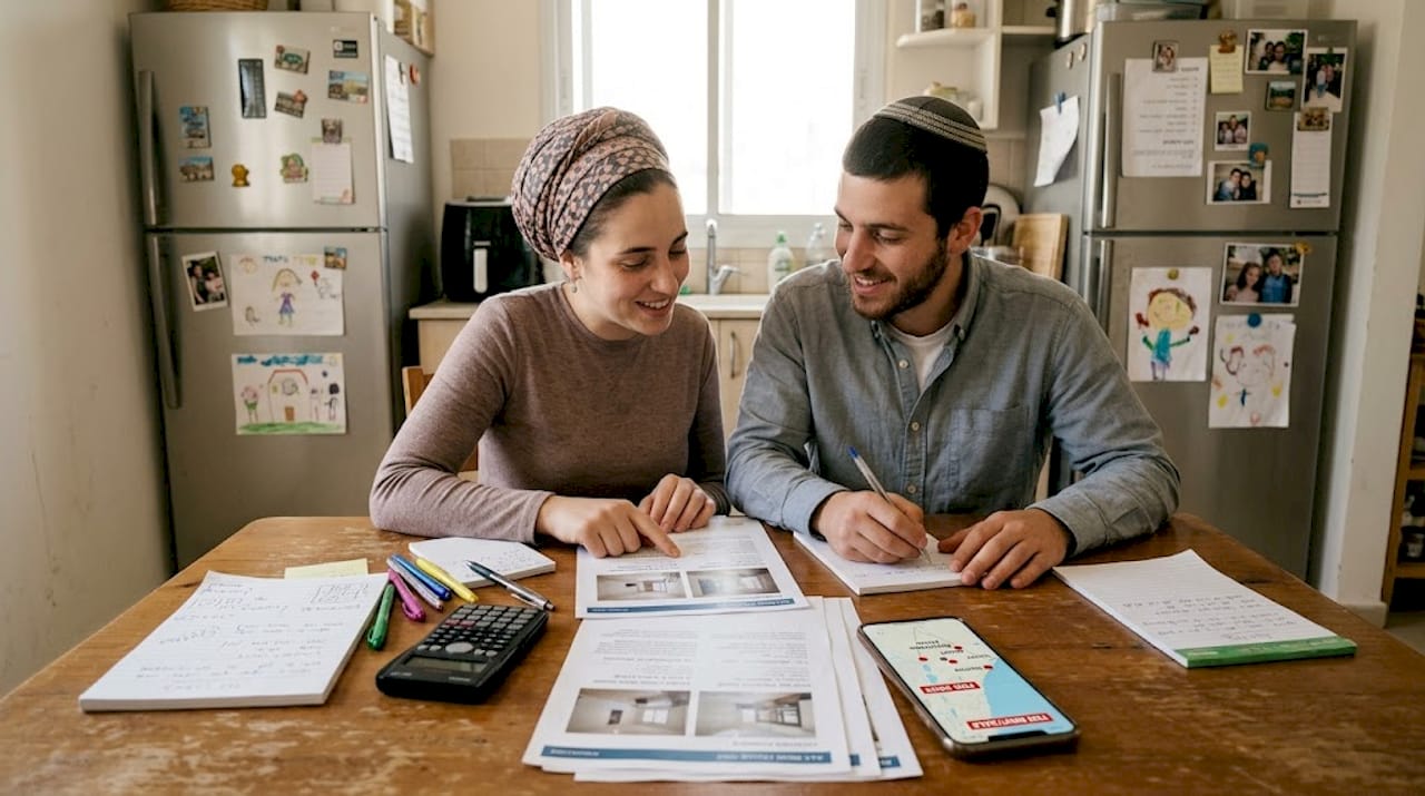 Couple reviews Israeli property listings at home
