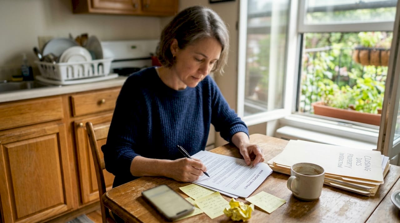 Buyer reviewing real estate contract document
