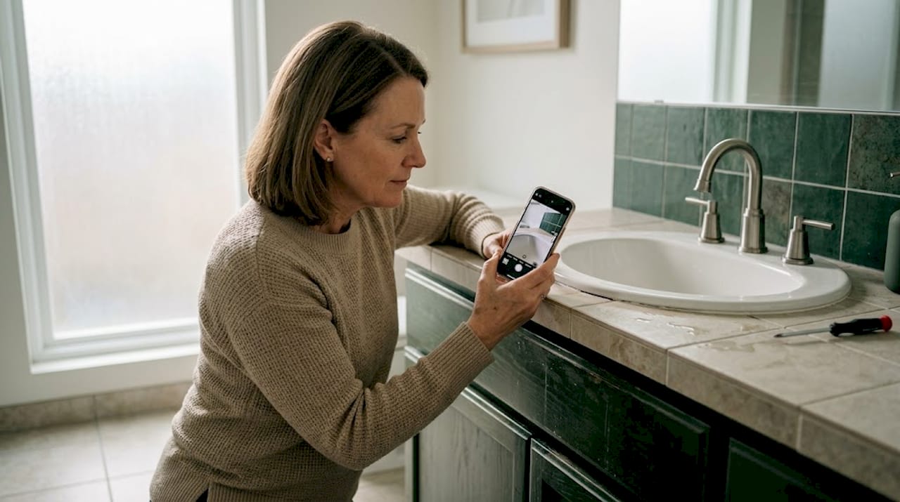 Woman photographing bathroom defect during inspection