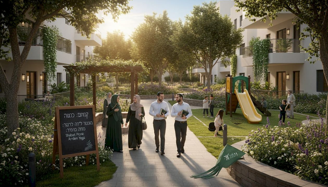 Residents in communal courtyard with playground