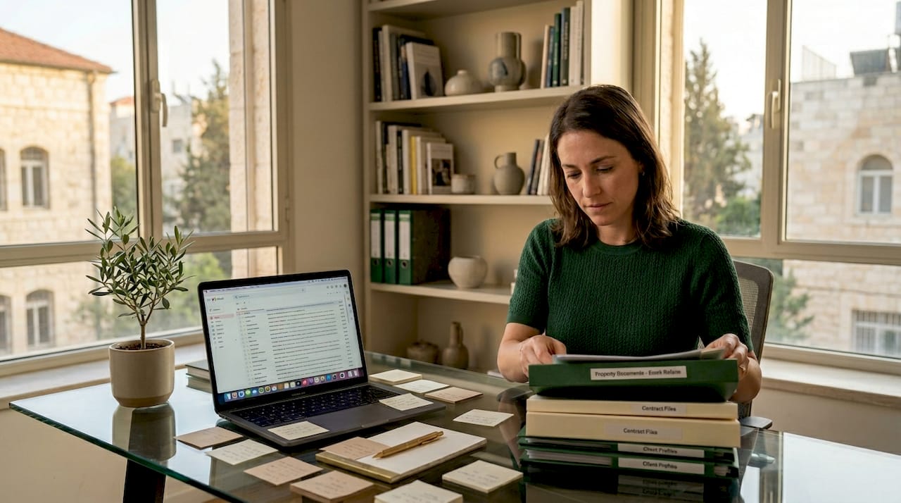 Buyer organizing Israel property documents at table