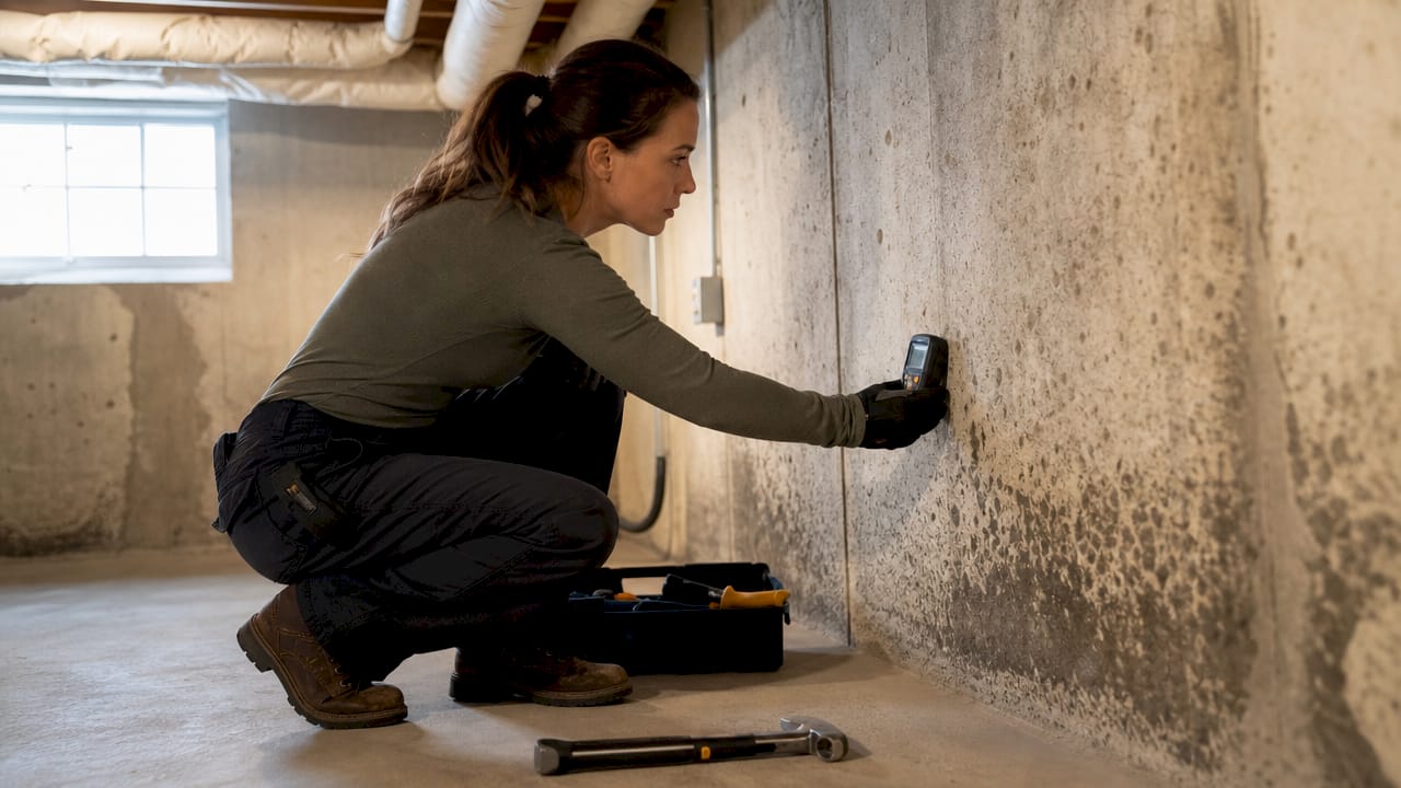 Inspector measuring moisture on basement wall