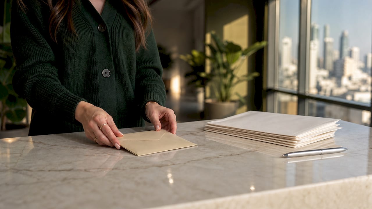 Hands placing earnest money envelope on desk